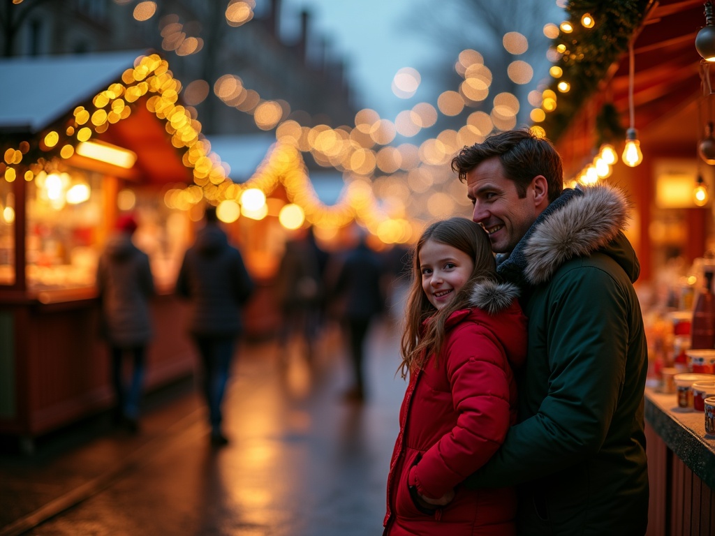 Nederlandse familie bezoekt kerstmarkt in het VK bij avondlicht