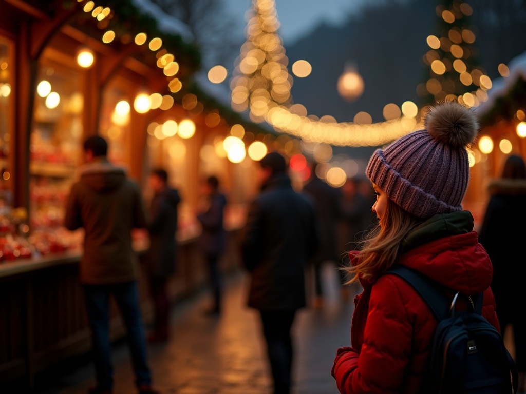 Nederlandse familie bezoekt kerstmarkt in het VK bij avond met feestverlichting