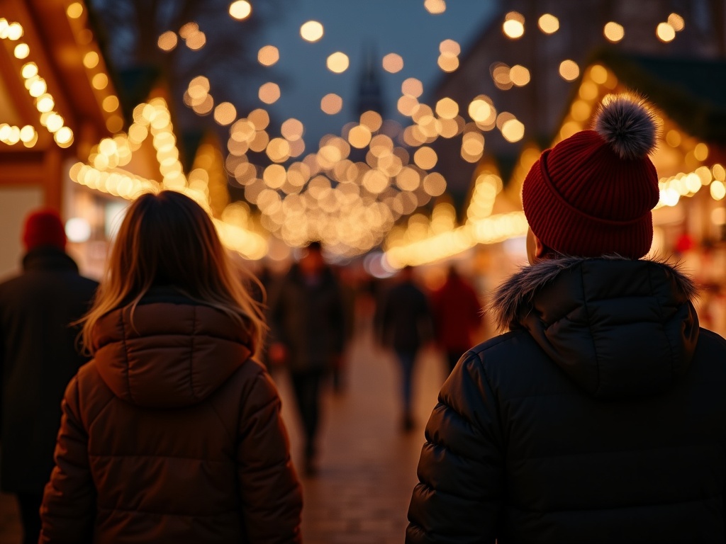 Nederlands gezin geniet van kerstmarkt in VK met lichtjes en kraampjes