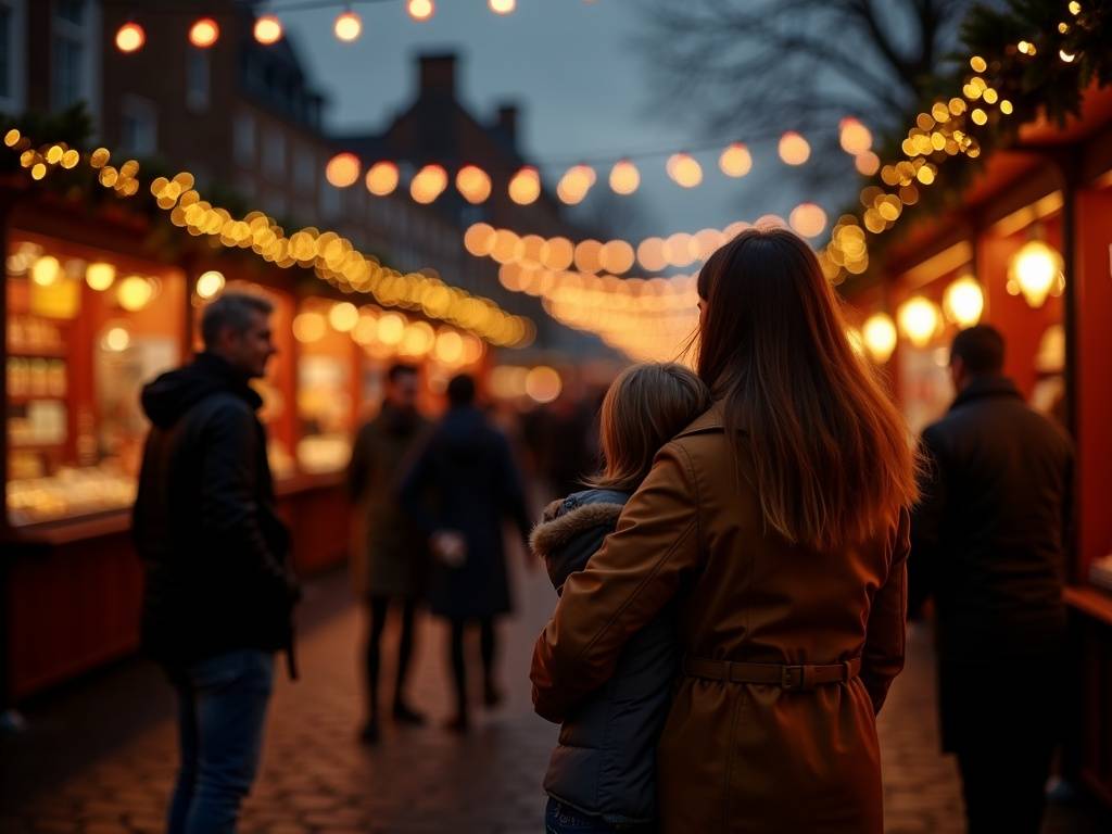 Nederlands gezin op een Britse kerstmarkt vol lichtjes en kraampjes