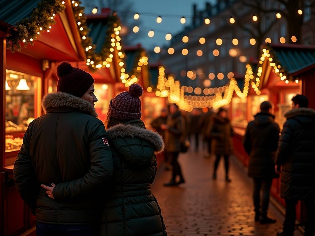 Gezin wandelt over sfeervolle kerstmarkt in het VK bij avondlicht