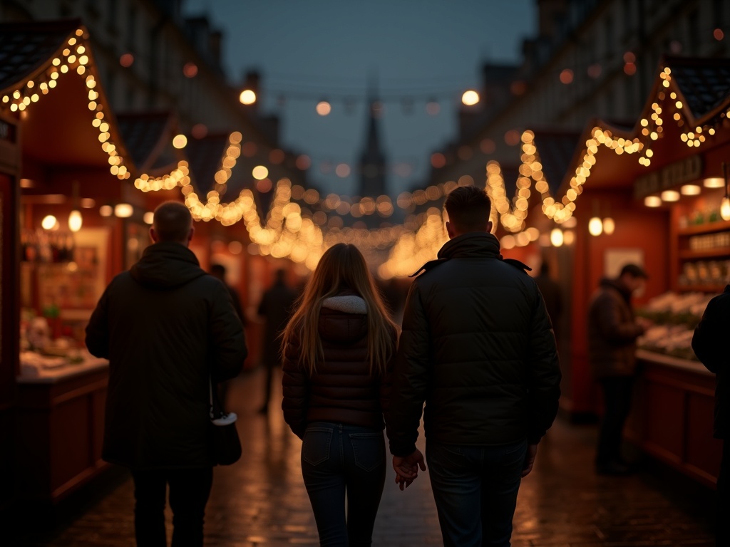 Gezin bezoekt kerstmarkt in het VK, omringd door lichtjes en kraampjes tijdens de avond