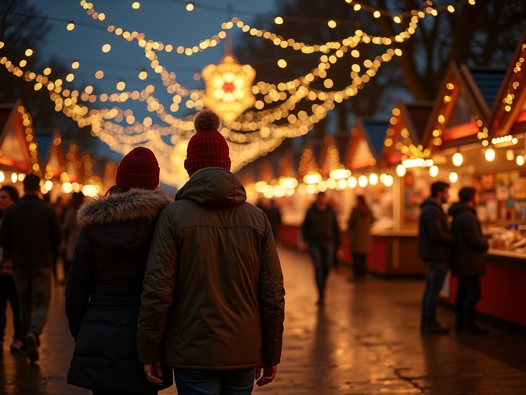 Nederlandse familie geniet van kerstmarkt in het VK met feestverlichting en kraampjes