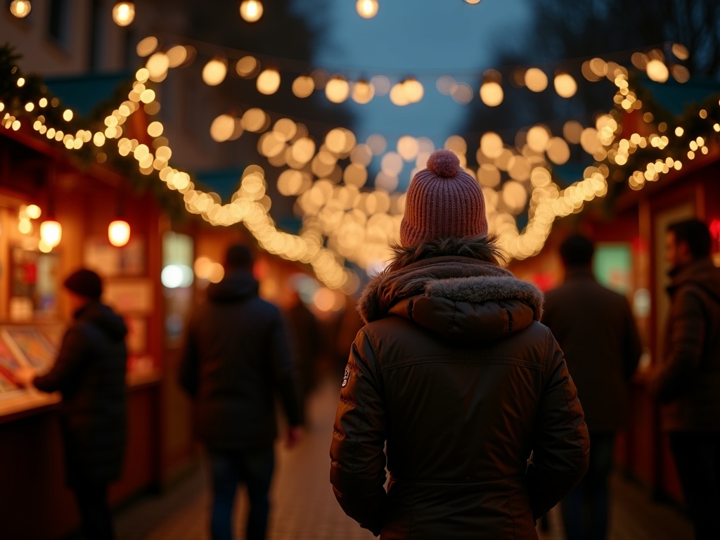 Nederlandse familie geniet van kerstmarkt in het Verenigd Koninkrijk met feestverlichting in de avond