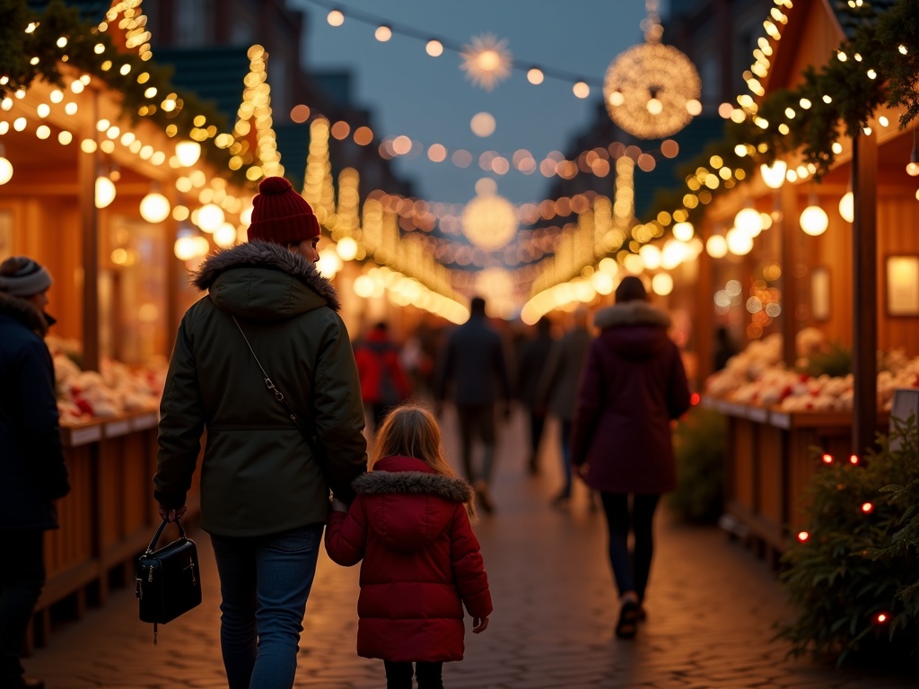Nederlandse familie bezoekt Britse kerstmarkt bij avondlicht