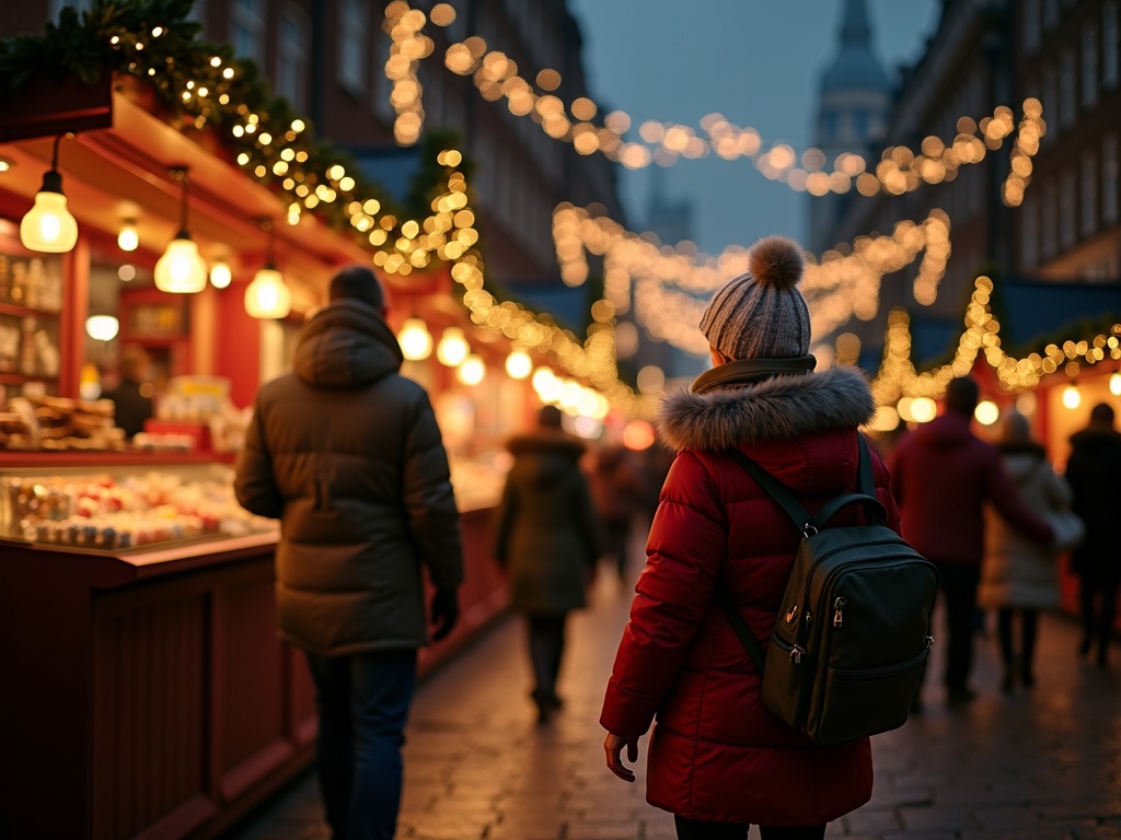 Nederlandse familie bij een Britse kerstmarkt met lichtjes en kraampjes