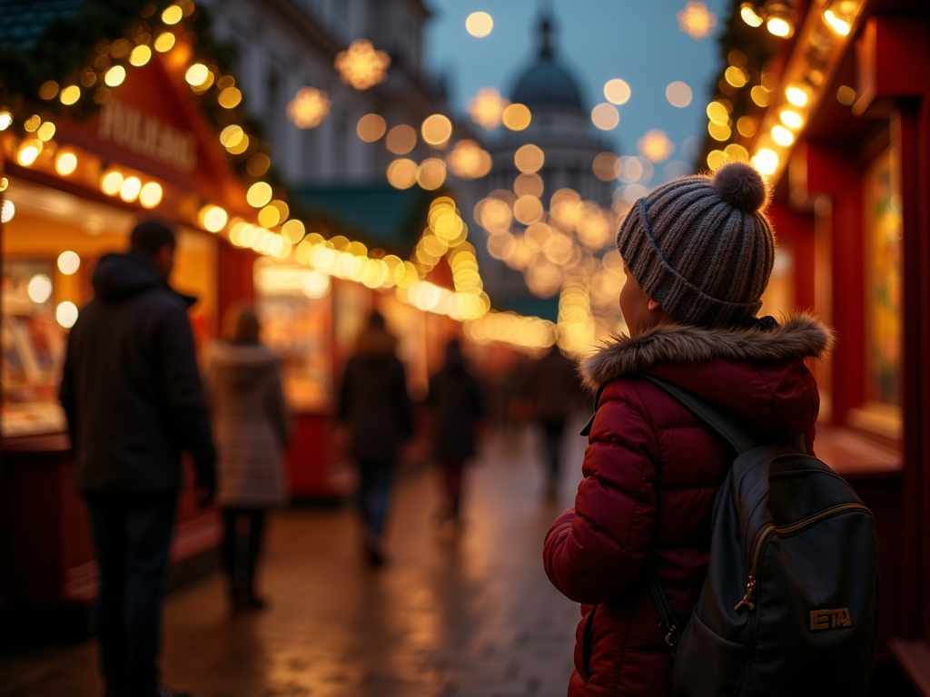 Gezin wandelt over kerstmarkt in Londen met lichtjes en kraampjes