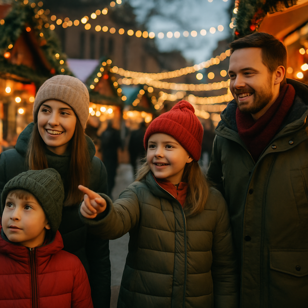Nederlands gezin bezoekt kerstmarkt in het VK onder feestelijke verlichting