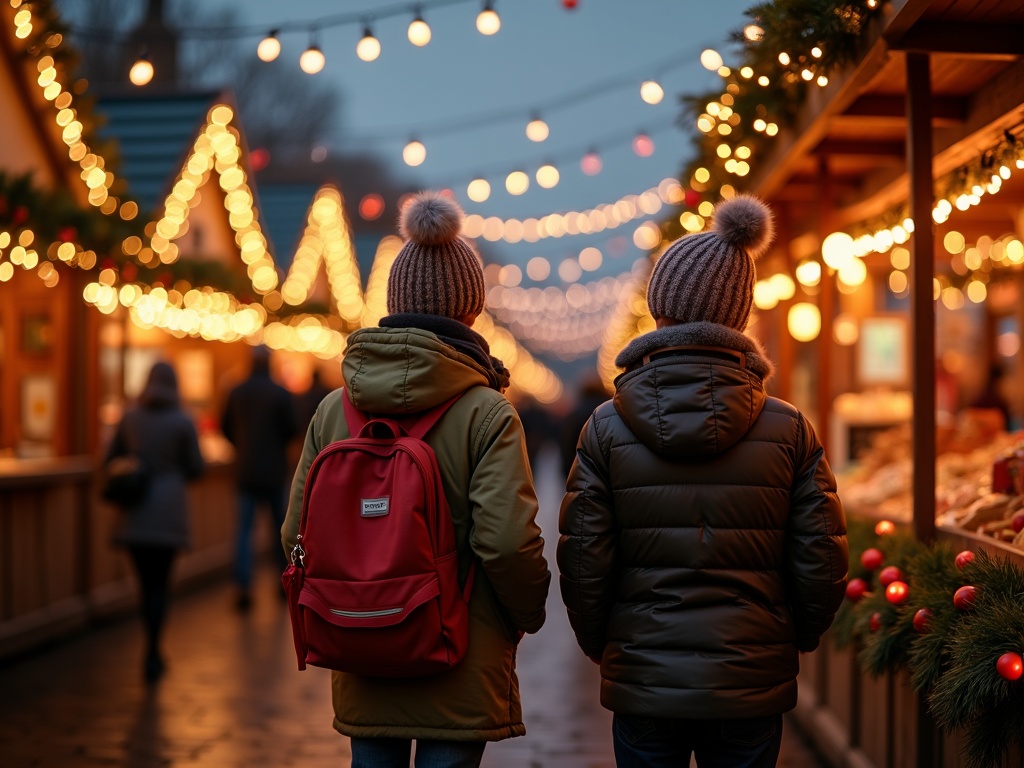 Gezin bezoekt kerstmarkt in Londen met feestverlichting