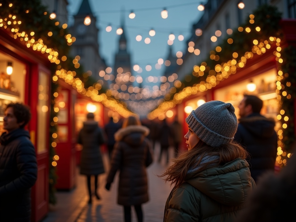 Nederlandse familie bezoekt kerstmarkt in Londen met feestverlichting