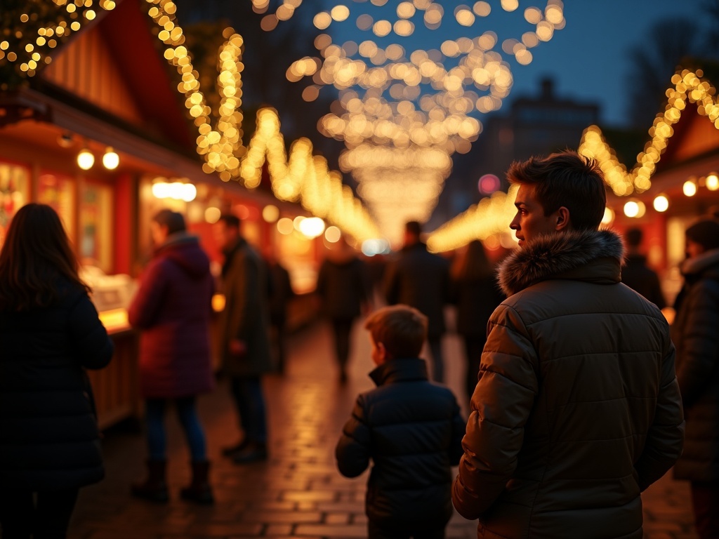 Nederlandse familie bezoekt 's avonds een kerstmarkt in het VK