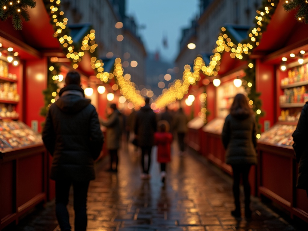 Nederlandse familie loopt langs kraampjes op een kerstmarkt in het VK met feestverlichting in de avond