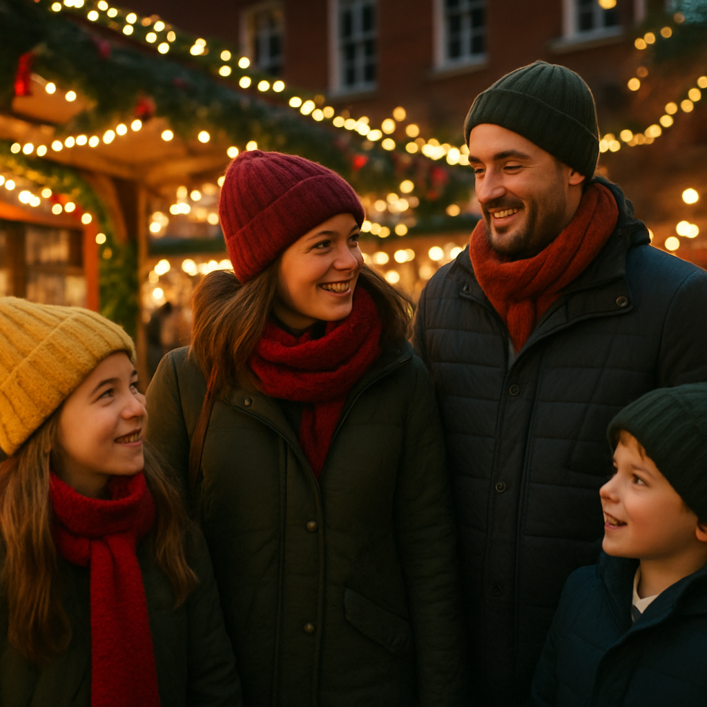 Nederlandse familie bezoekt een Engelse kerstmarkt in de avond