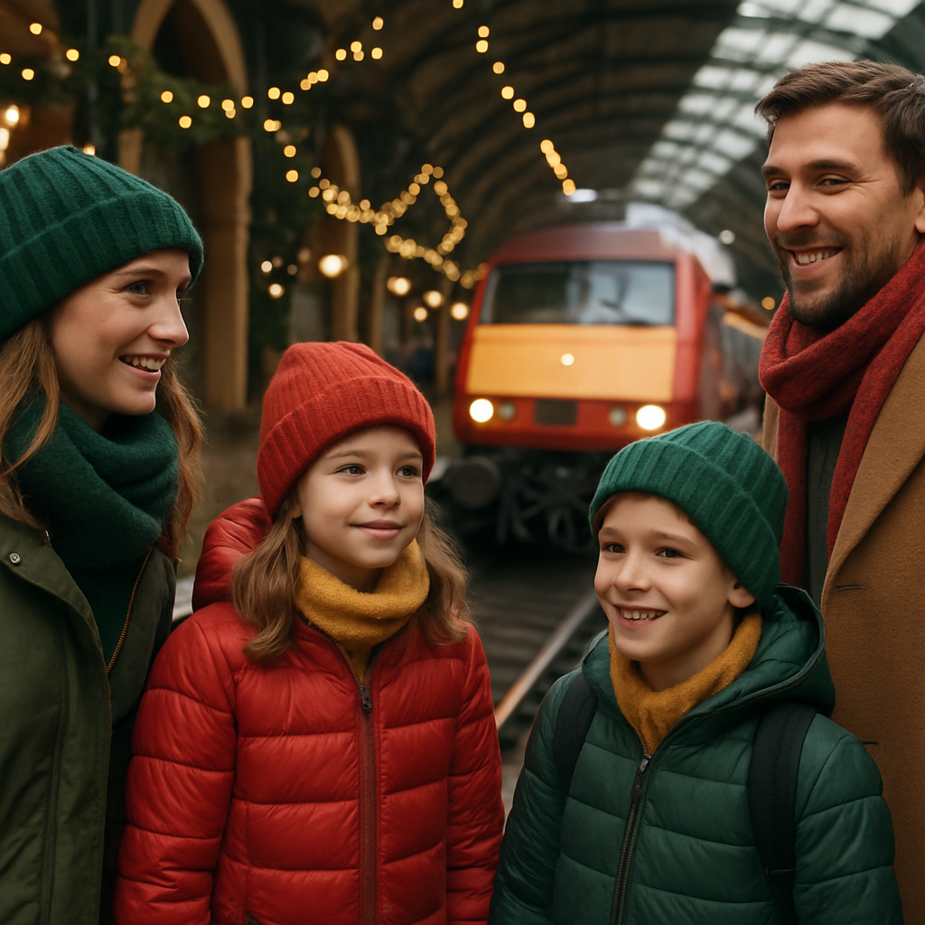 Nederlandse familie verkent UK kerstmarkt bij avondlicht vol rode, groene en gouden feestverlichting