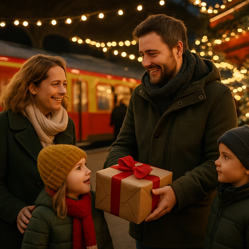 Nederlandse familie op Britse kerstmarkt met lichtjes en kraampjes in de avond