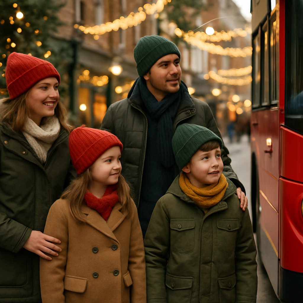 Nederlands gezin bezoekt kerstmarkt in het VK met feestverlichting in avondsetting
