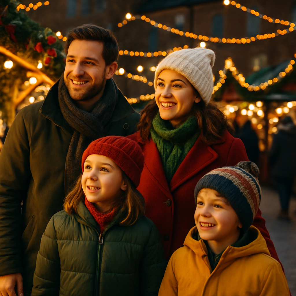 Nederlands gezin bezoekt kerstmarkt in het VK bij avondlicht