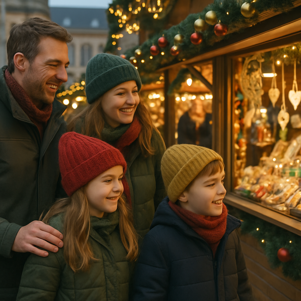Nederlands gezin bezoekt kerstmarkt in VK met lichtjes en kraampjes in avondlicht