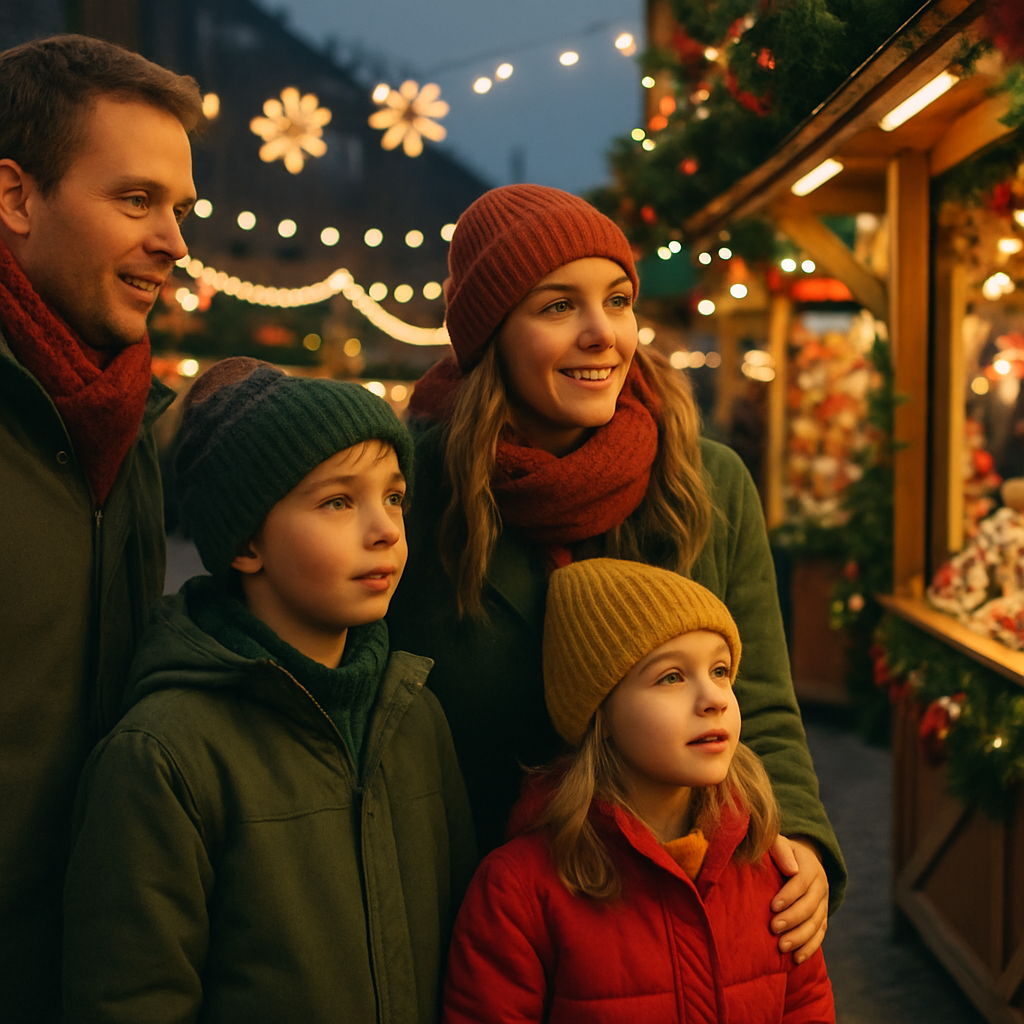 Nederlandse familie bezoekt kerstmarkt in VK met feestverlichting in de avond