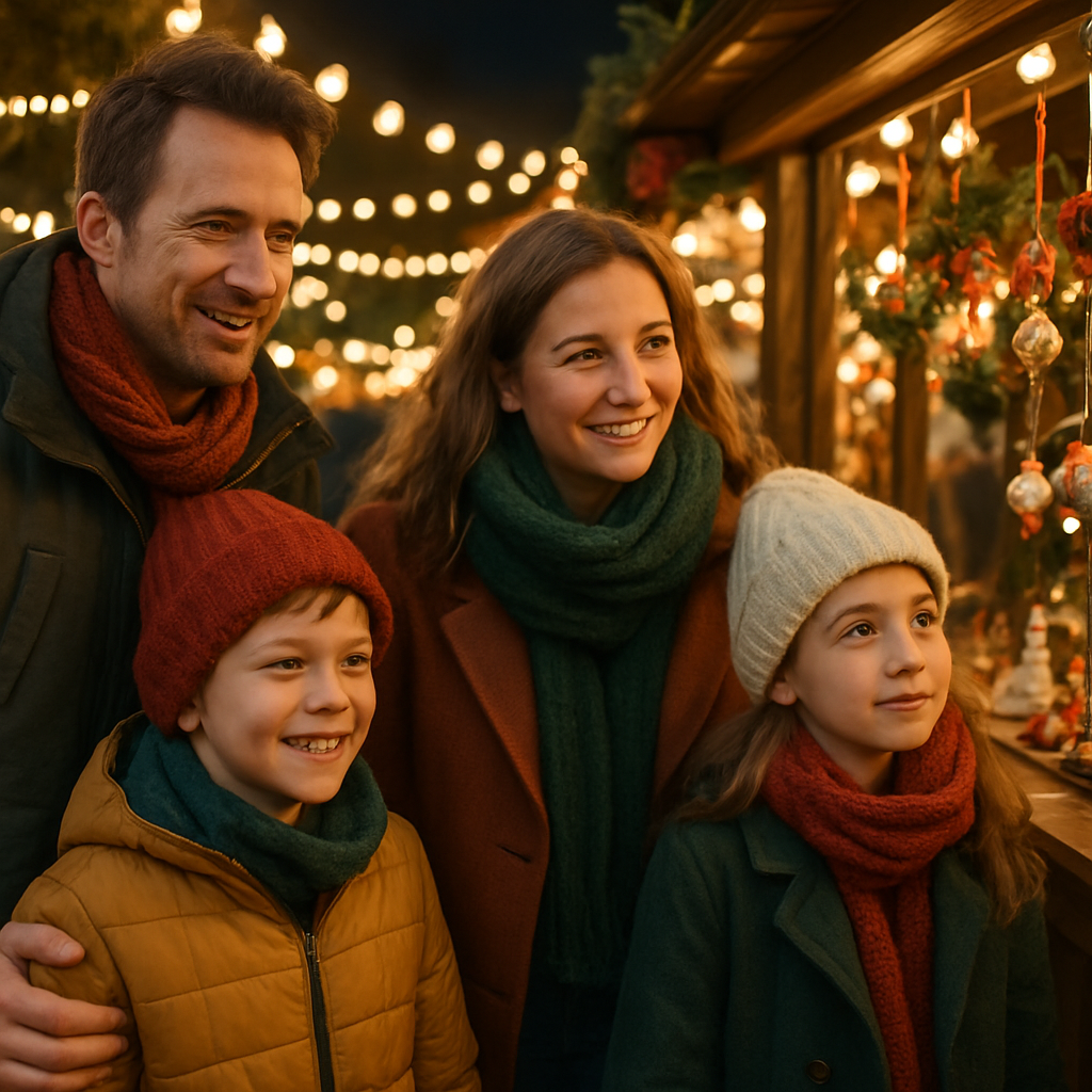 Nederlands gezin bezoekt 's avonds een Britse kerstmarkt vol lichtjes en kraampjes