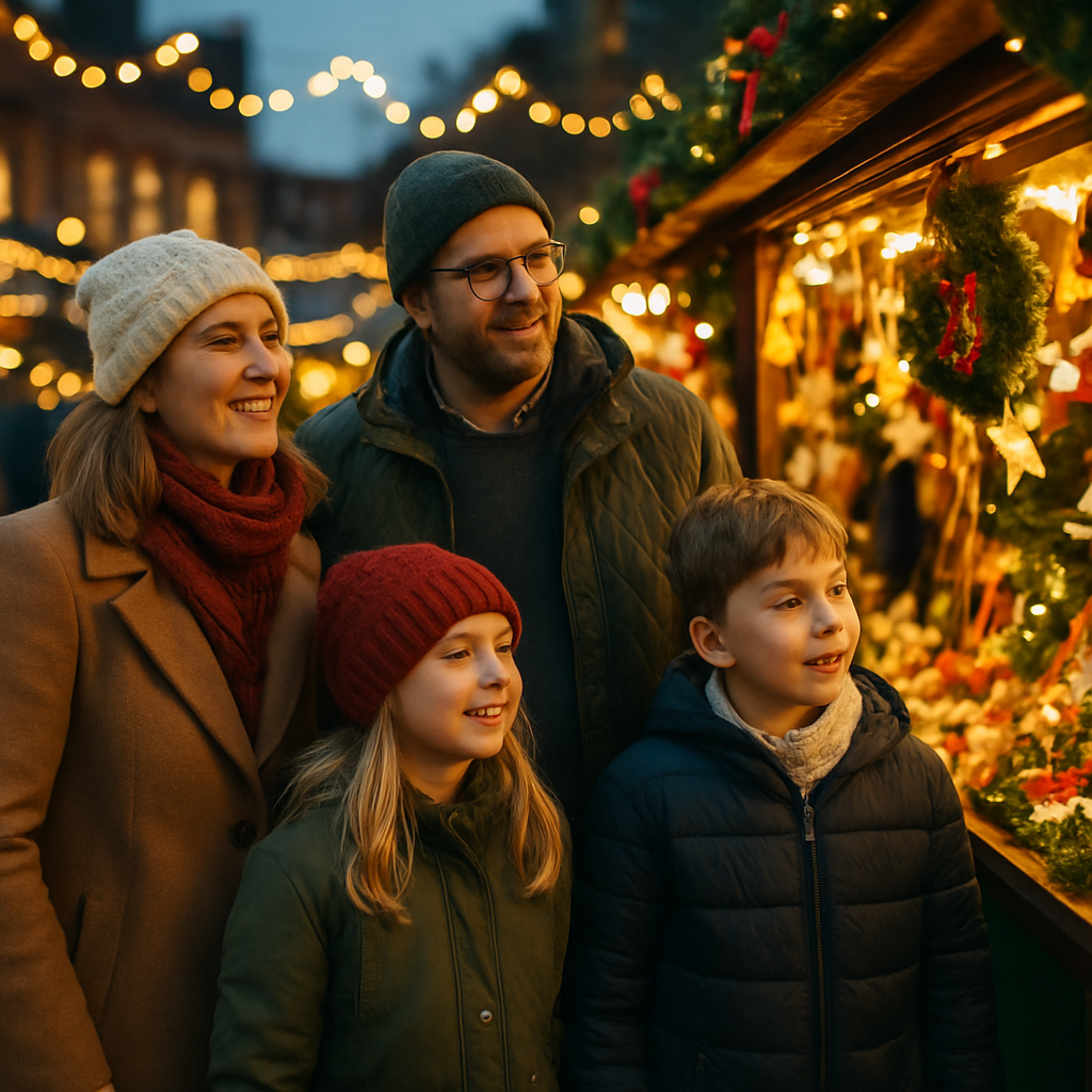 Nederlandse familie op Engelse kerstmarkt met feestverlichting