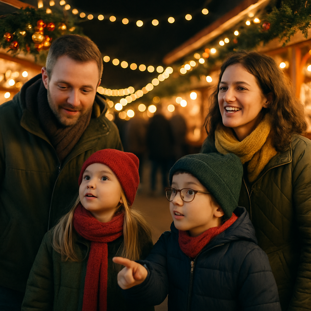Nederlandse familie geniet van een kerstmarkt in het VK met feestverlichting en kraampjes