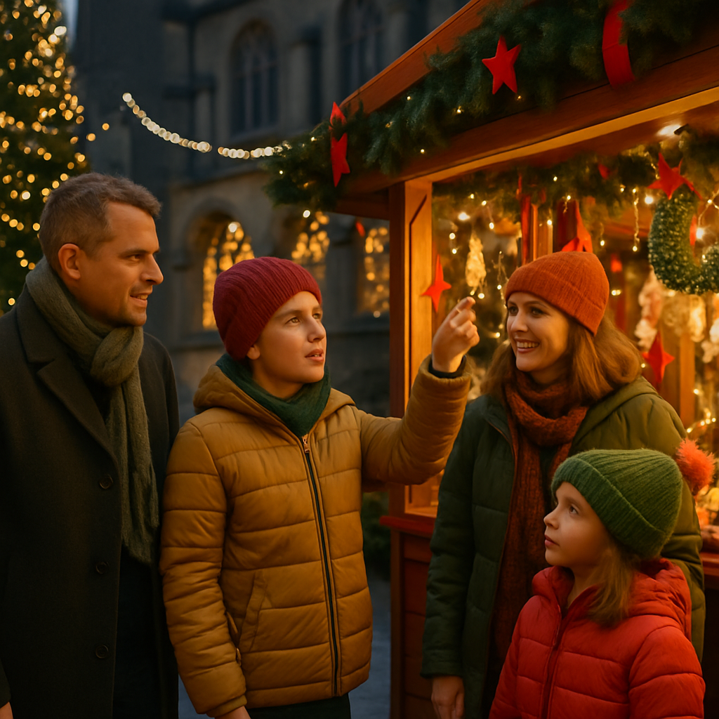 Gezin bezoekt Britse kerstmarkt bij avondlicht met feestverlichting