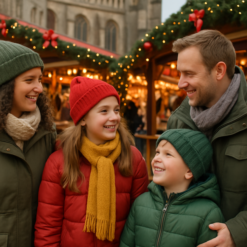 Nederlandse familie bezoekt Britse kerstmarkt met feestverlichting in de avond