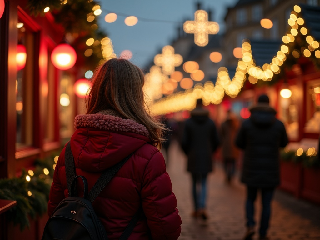 Nederlands gezin op kerstmarkt in het VK met lichtjes en kerstversiering