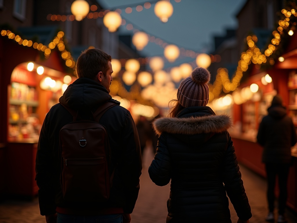 Nederlandse familie bezoekt Britse kerstmarkt met feestverlichting