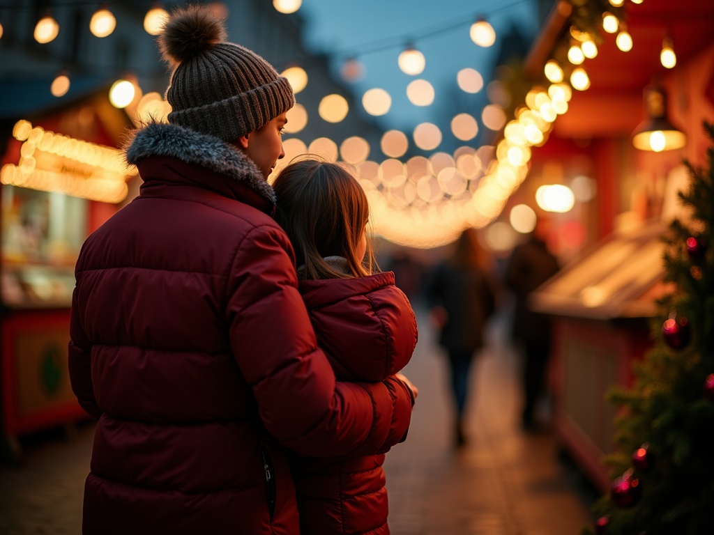 Nederlands gezin bezoekt kerstmarkt in het VK in de avond met lichtjes