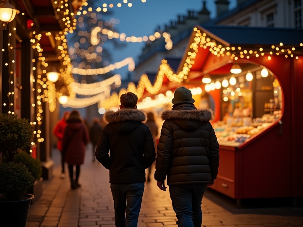 Nederlands gezin bezoekt een Londense kerstmarkt in avondlicht