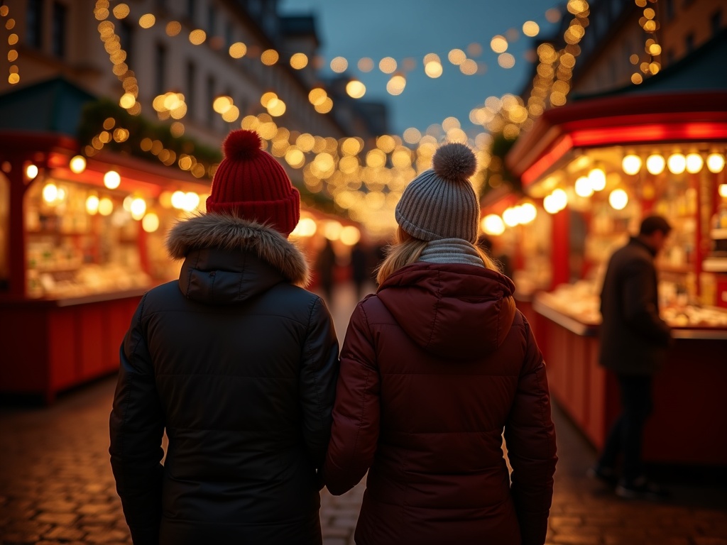 Gezin bezoekt Britse kerstmarkt met feestverlichting in avond