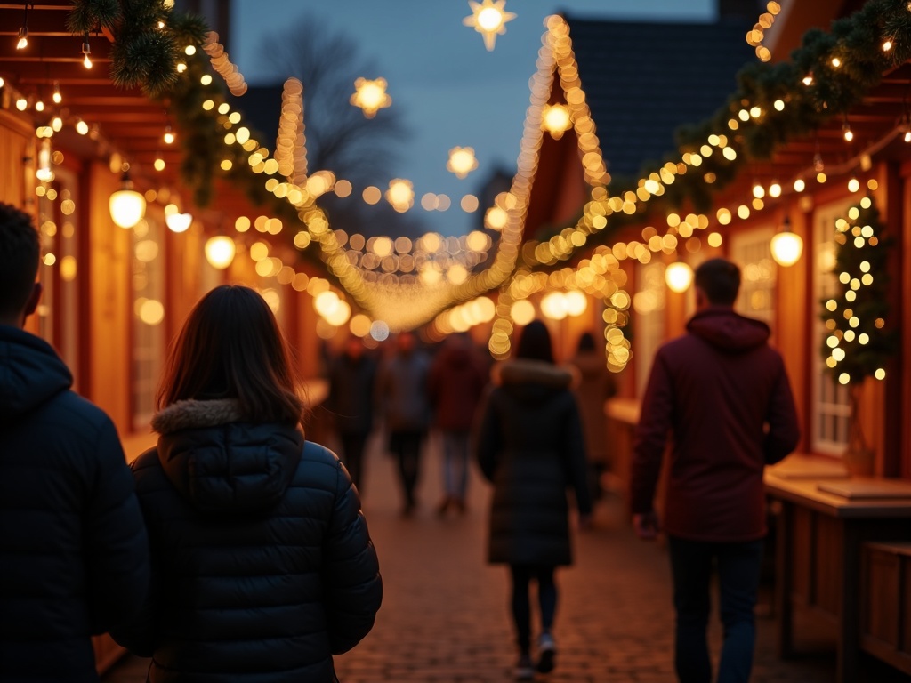 Nederlandse familie geniet van kerstmarkt in VK bij avondlicht