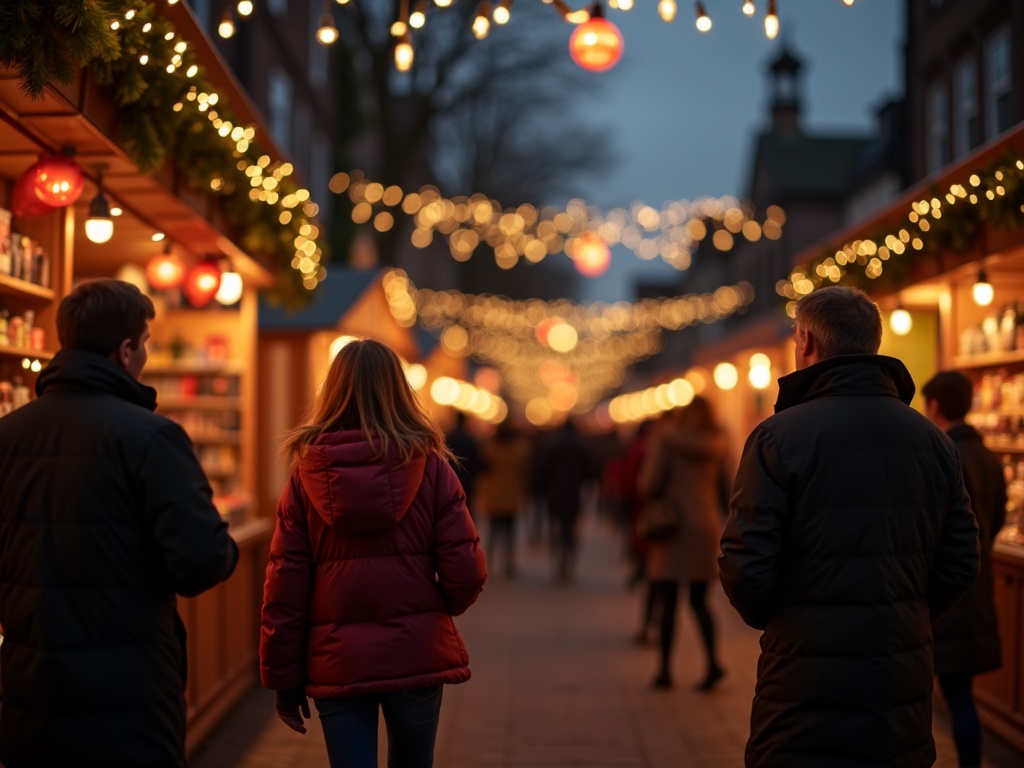 Nederlandse familie bezoekt kerstmarkt in het VK met sfeervolle lichtjes en kraampjes