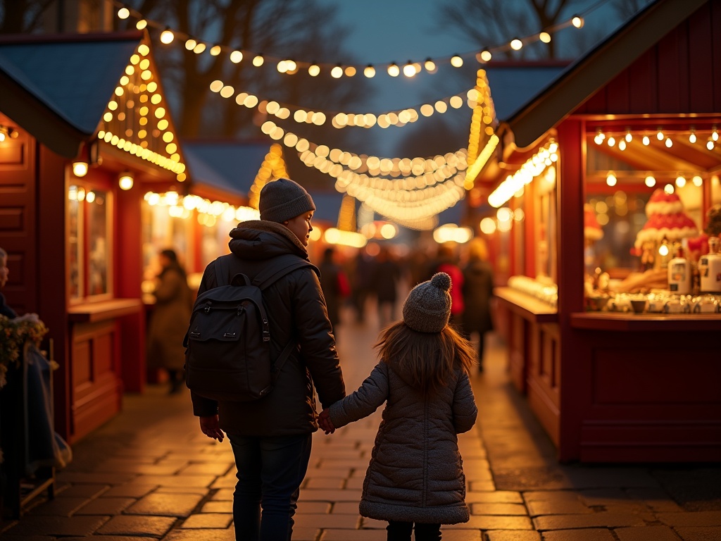 Gezin bezoekt kerstmarkt in Londen met feestverlichting