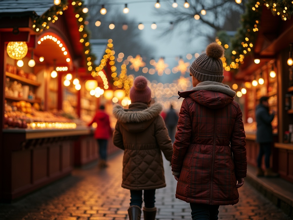 Gezin bezoekt feestelijke kerstmarkt in Londen bij avondlicht met versieringen