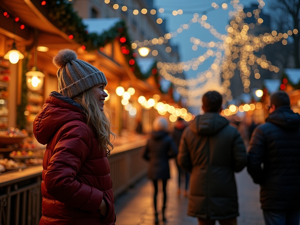 Gezin bezoekt kerstmarkt in Londen onder feestelijke avondverlichting