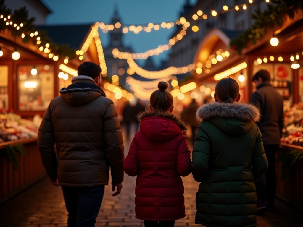 Nederlandse familie bezoekt kerstmarkt in het VK bij avondlicht