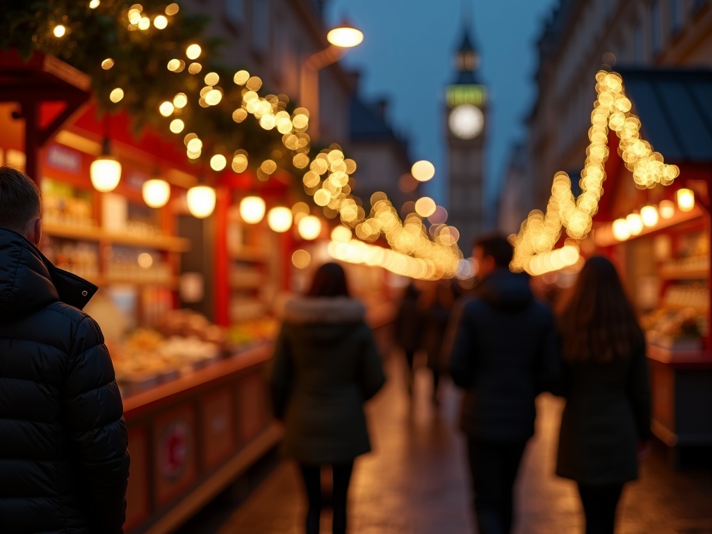 Nederlandse familie bezoekt kerstmarkt in Londen met feestverlichting