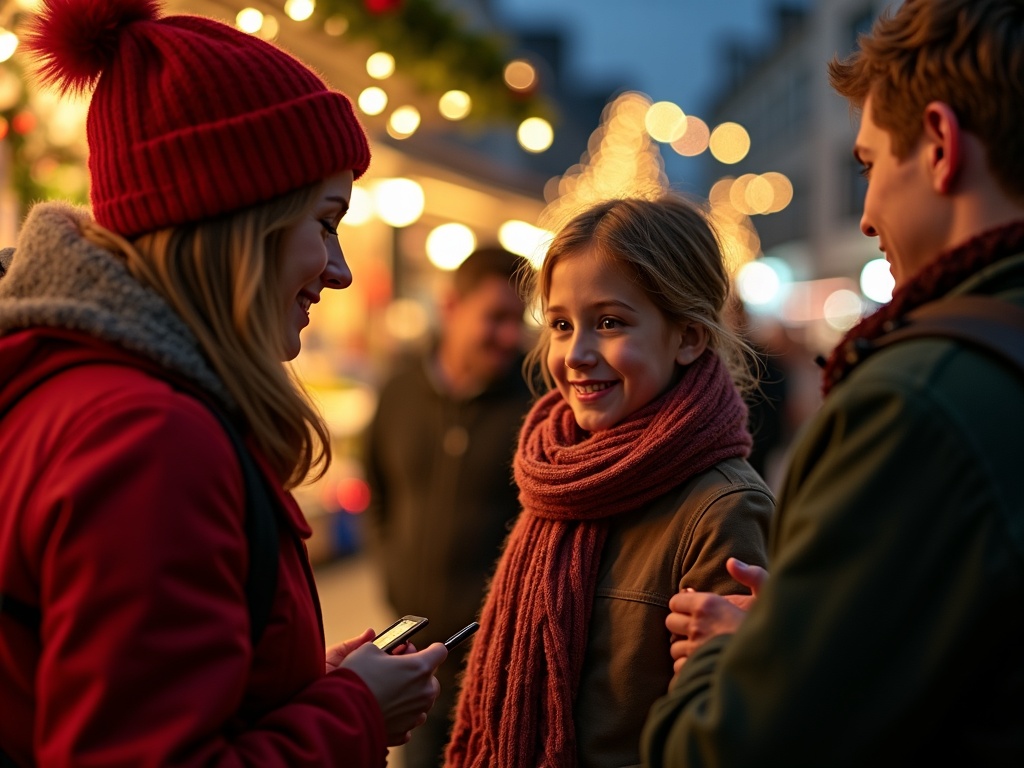 Nederlands gezin bezoekt kerstmarkt in Londen met feestverlichting in de avond