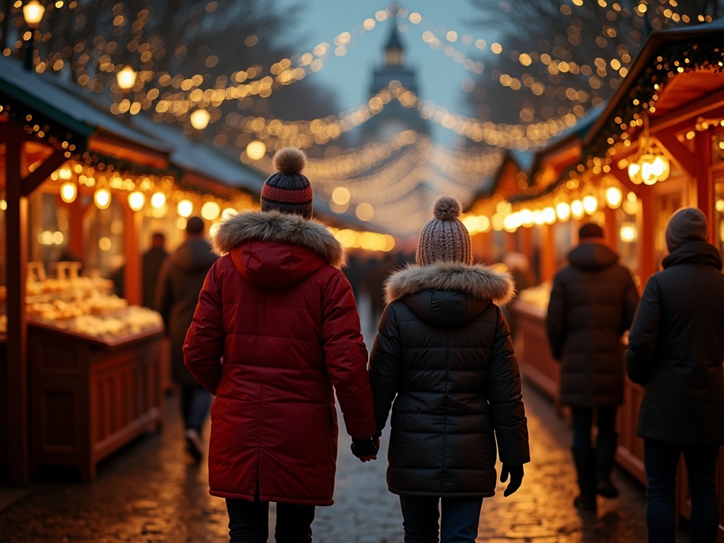 Nederlandse familie geniet van kerstmarkt in Londen met avondverlichting