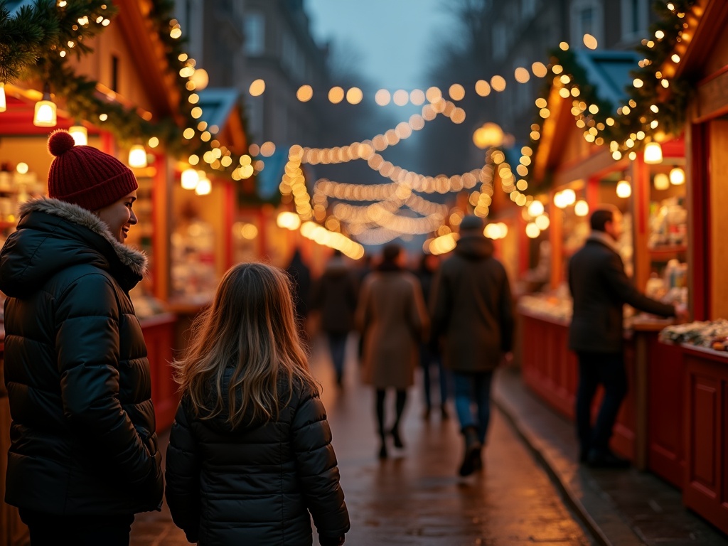 Gezin bezoekt een sfeervolle kerstmarkt in Londen bij avond met feestverlichting