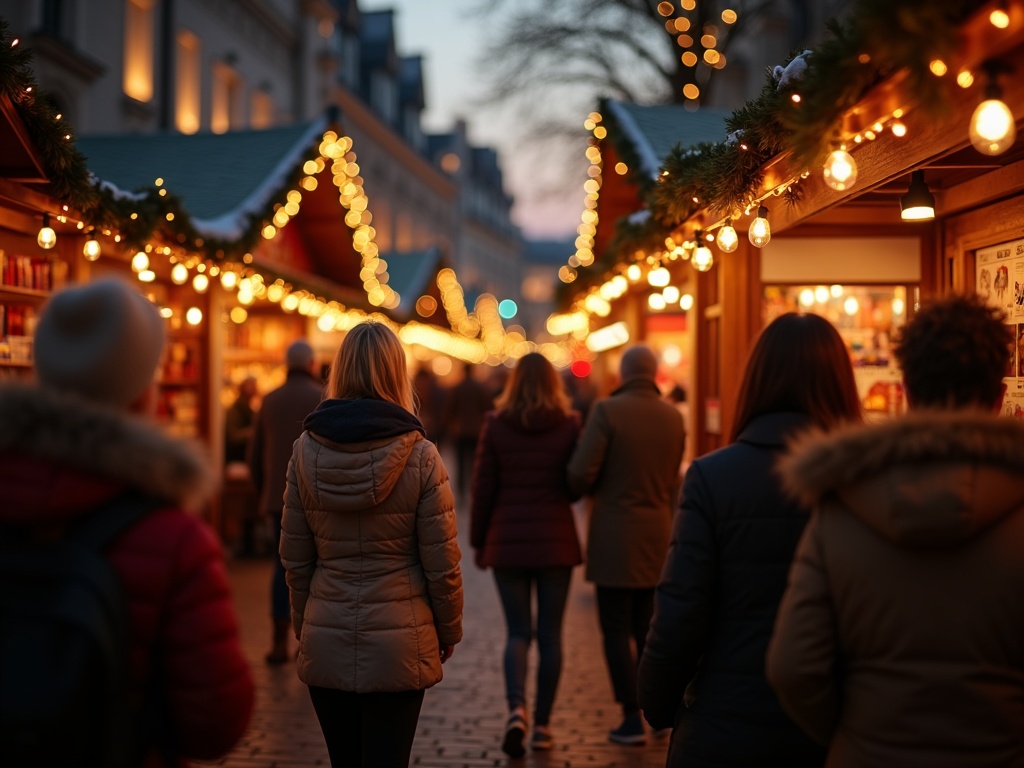 Gezin verkent Britse kerstmarkt met feestverlichting