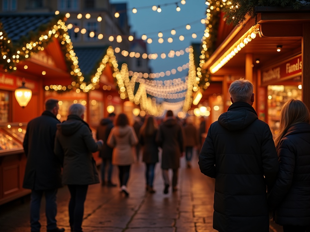 Gezin bezoekt kerstmarkt in VK met feestverlichting en kraampjes