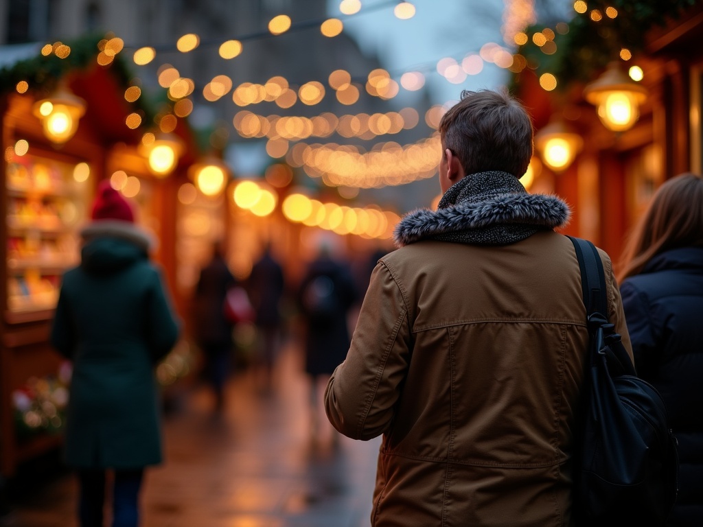 Gezin bezoekt Britse kerstmarkt in de avond met kleurrijke feestverlichting