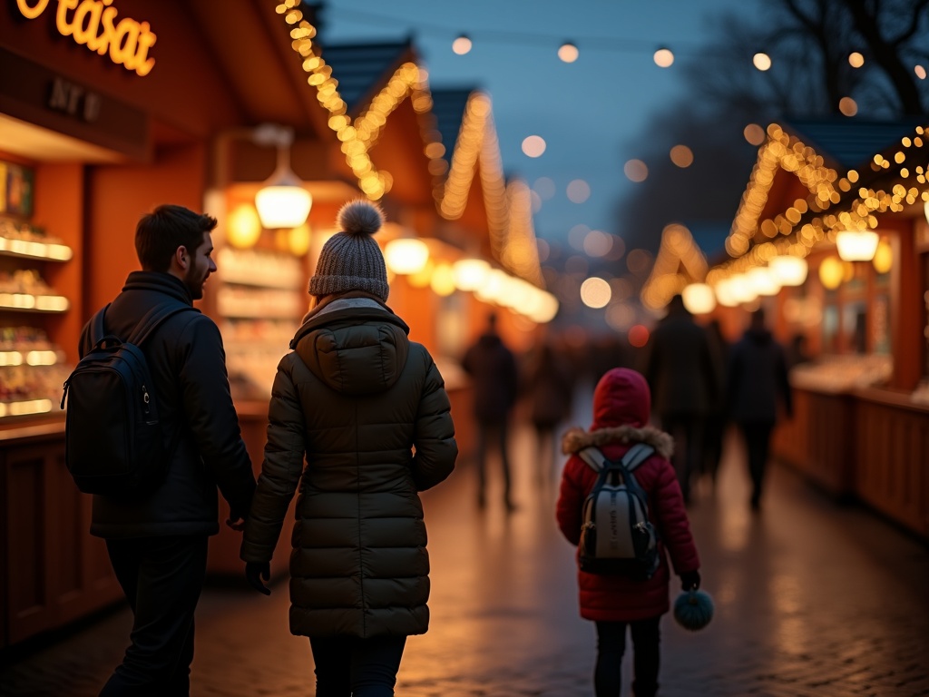 Nederlands gezin bezoekt een kerstmarkt in het VK onder feestelijke lichtjes
