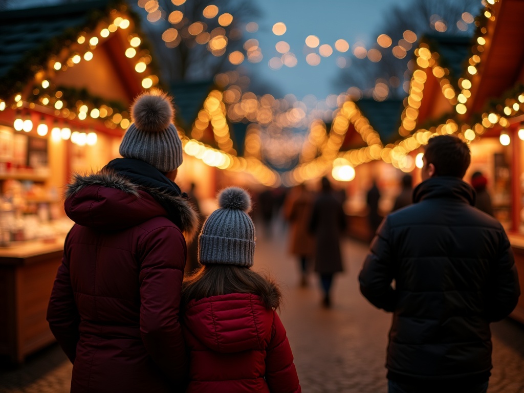 Gezin bezoekt kerstmarkt in het VK met feestverlichting