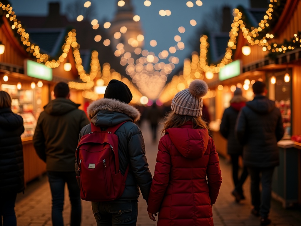 Nederlandse familie geniet van kerstmarkt met lichtjes in het Verenigd Koninkrijk