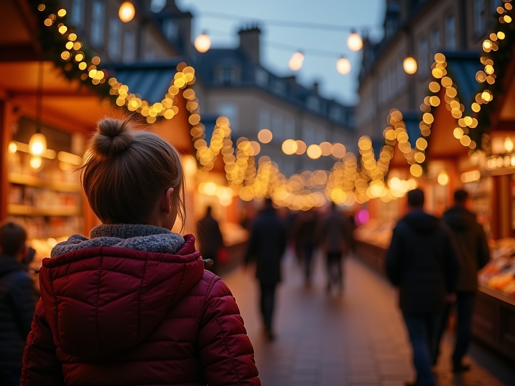 Familie bezoekt kerstmarkt in Edinburgh met feestverlichting
